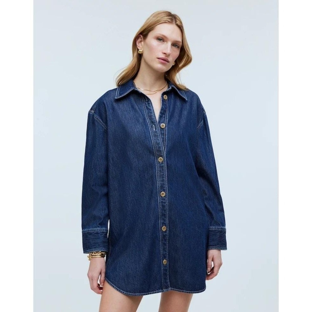 Madewell Denim Oversized Mini Shirtdress Women M Dark Blue Selvedge Cotton Relax